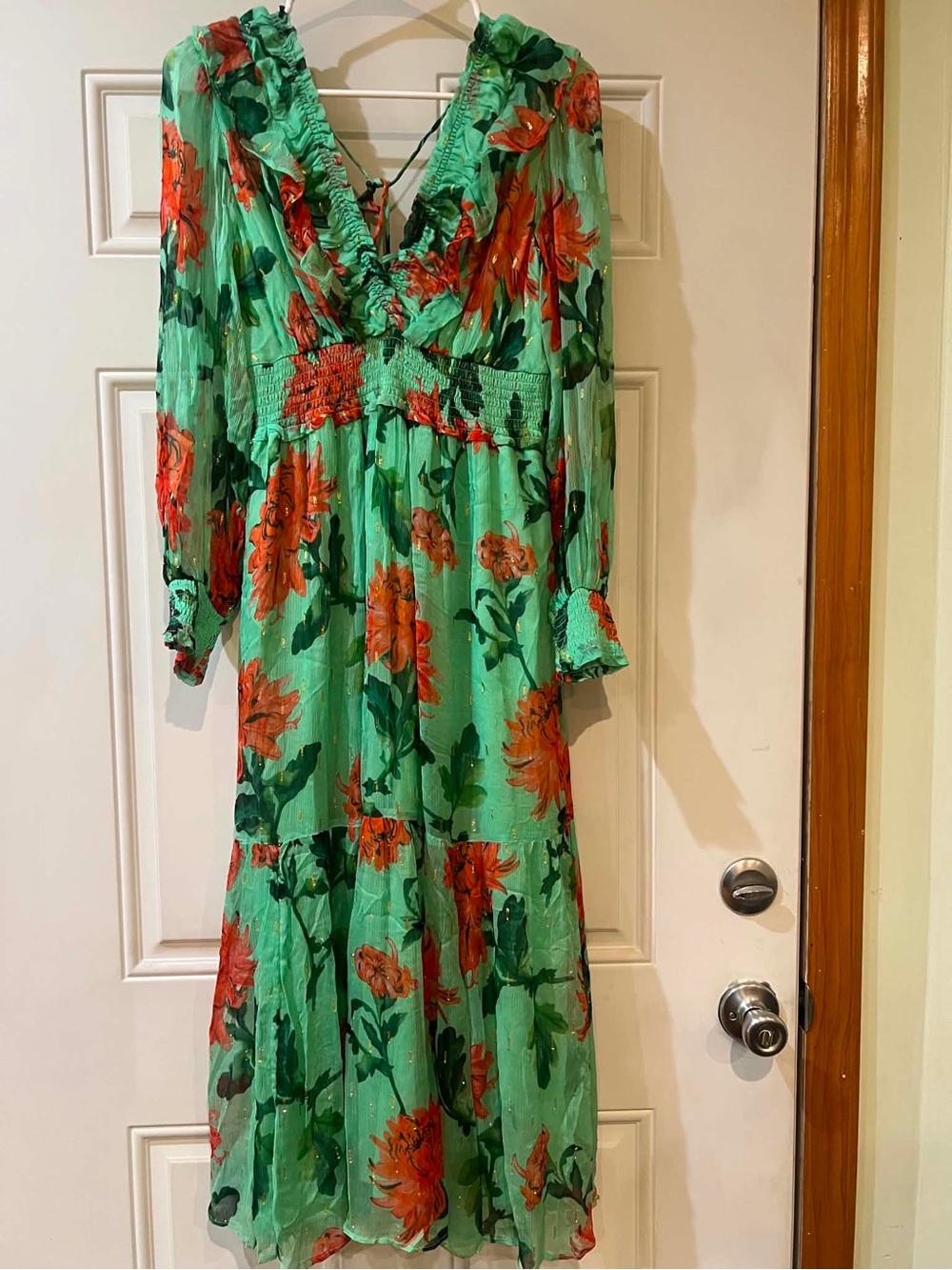 Anthropologie Mint Green Long Sleeve Floral Maxi Dress Orange Blooms Size Medium